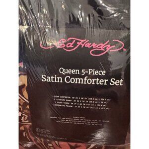 NWT Ed Hardy Queen Bed Comforter Set 5 Piece Black Satin